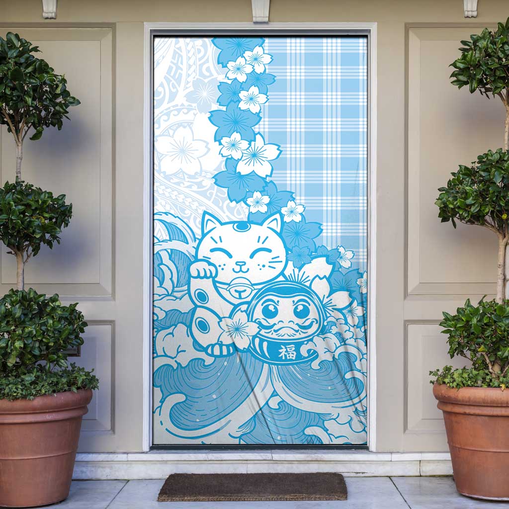 Blue Palaka Hawaiian And Japanese Door Cover Maneki Neko And Sakura Bloom