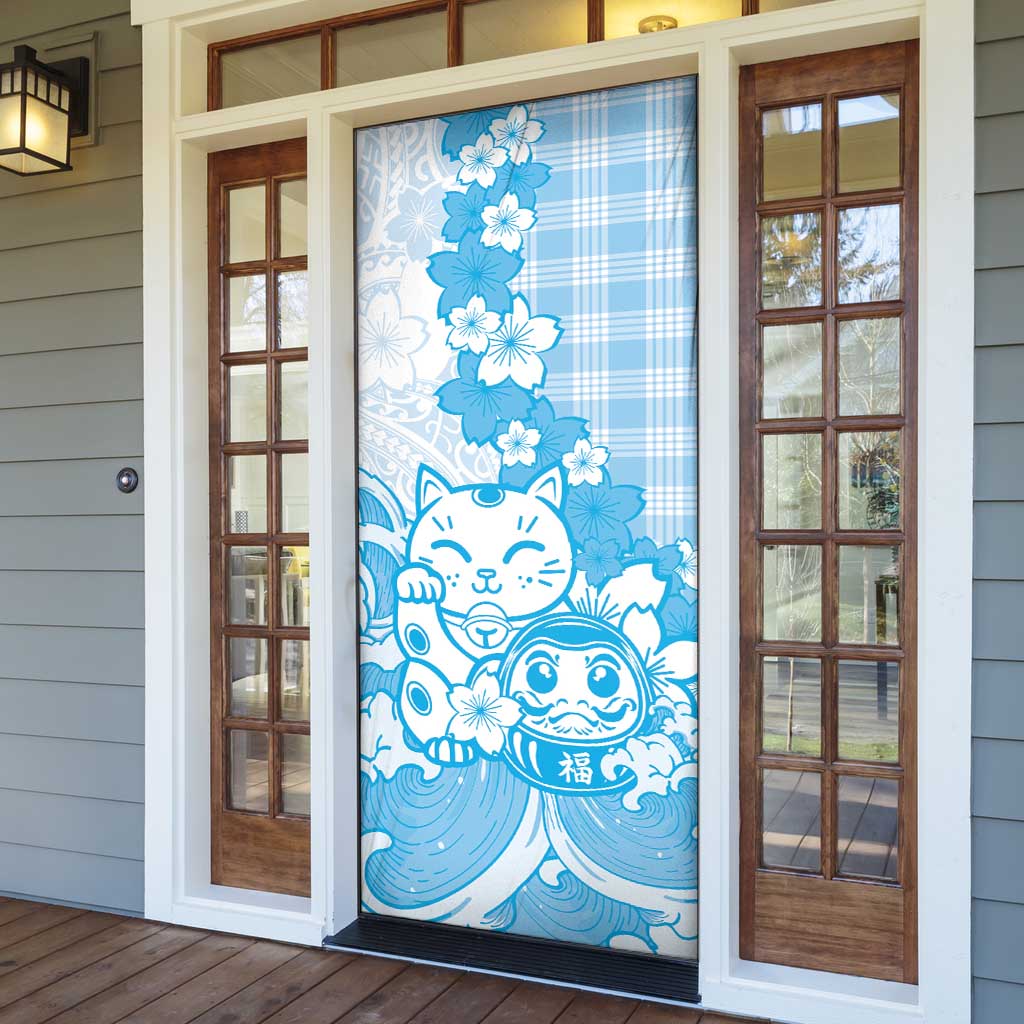 Blue Palaka Hawaiian And Japanese Door Cover Maneki Neko And Sakura Bloom