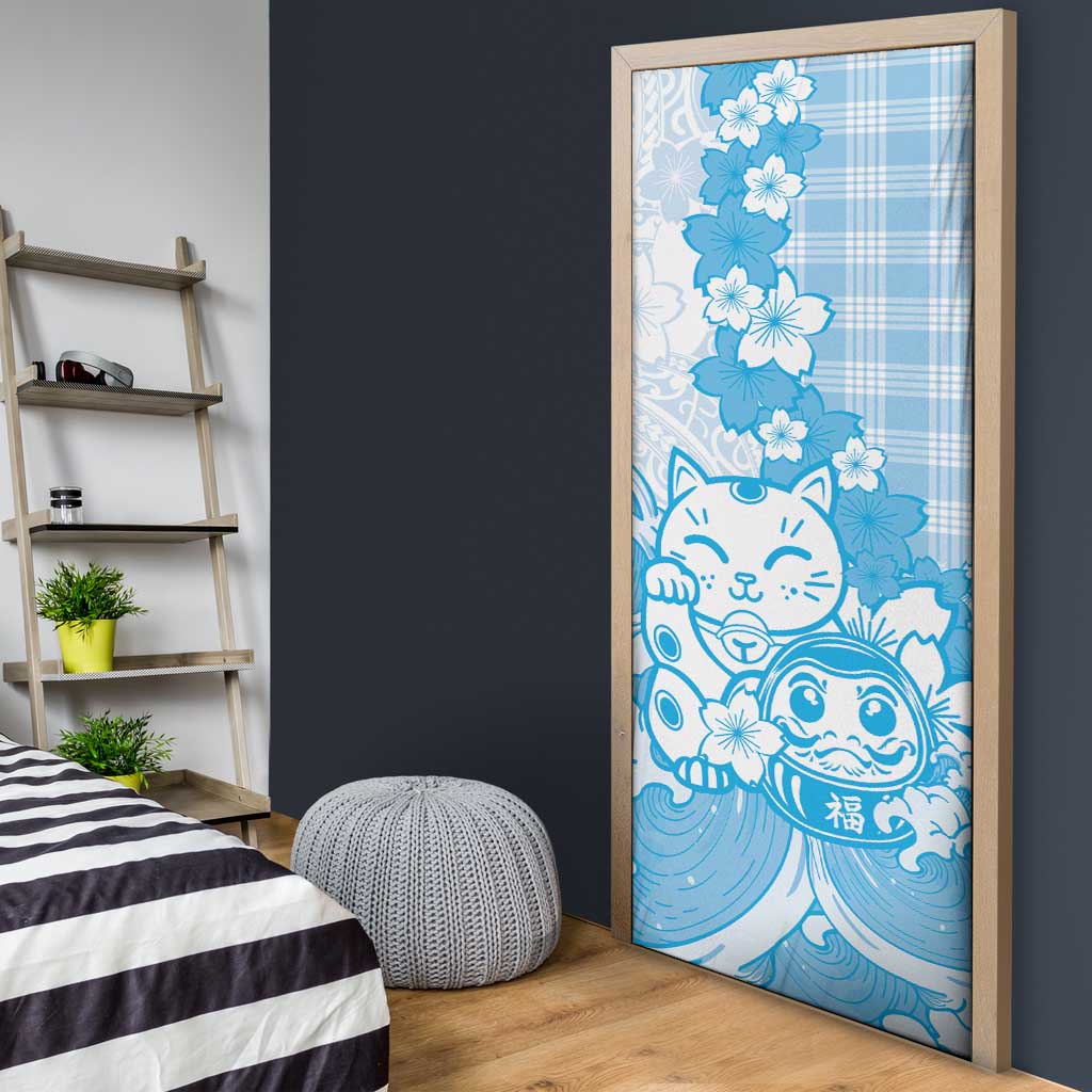Blue Palaka Hawaiian And Japanese Door Cover Maneki Neko And Sakura Bloom