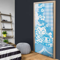 Blue Palaka Hawaiian And Japanese Door Cover Maneki Neko And Sakura Bloom