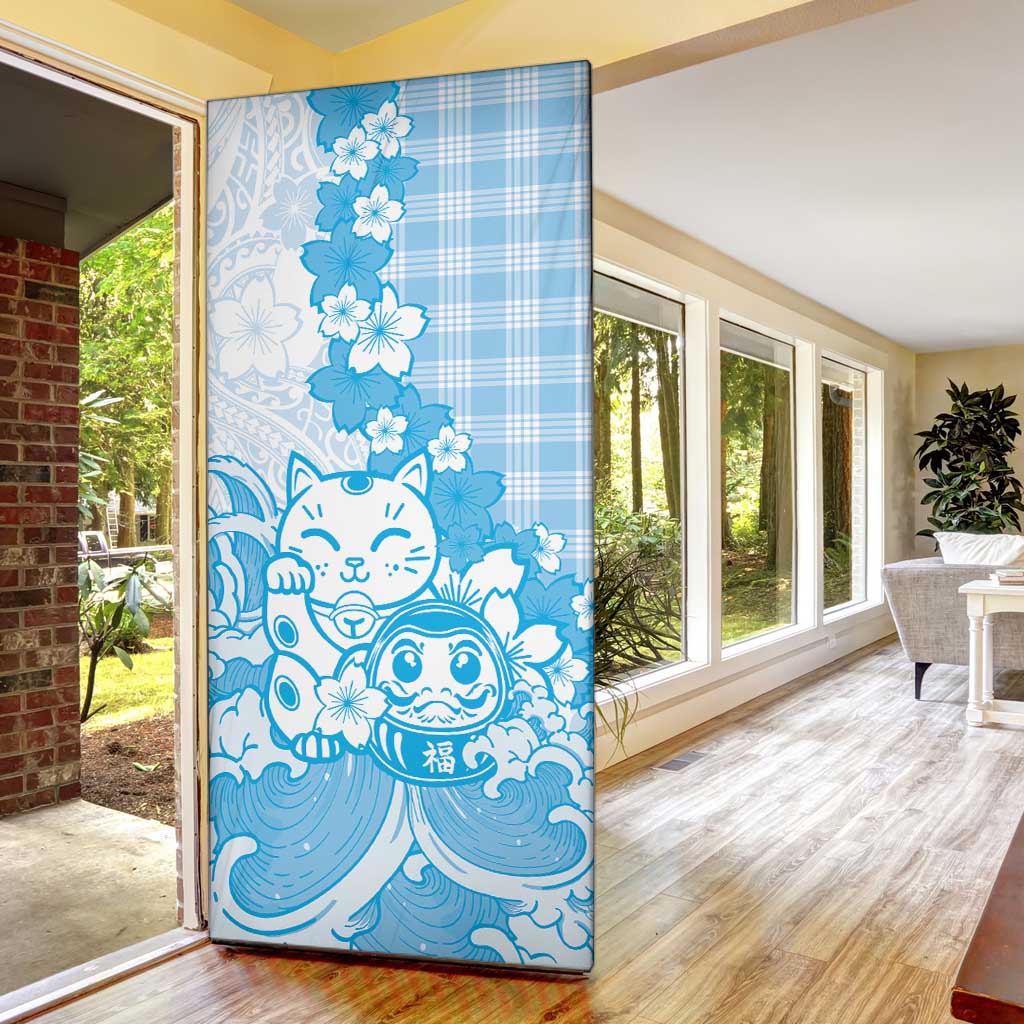 Blue Palaka Hawaiian And Japanese Door Cover Maneki Neko And Sakura Bloom