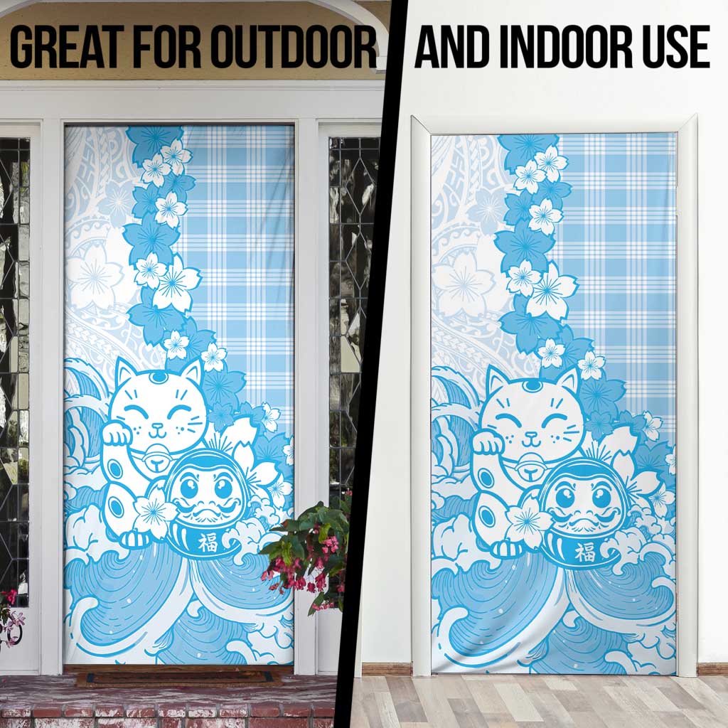 Blue Palaka Hawaiian And Japanese Door Cover Maneki Neko And Sakura Bloom