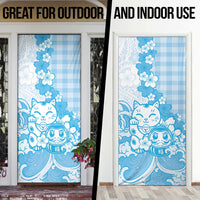 Blue Palaka Hawaiian And Japanese Door Cover Maneki Neko And Sakura Bloom