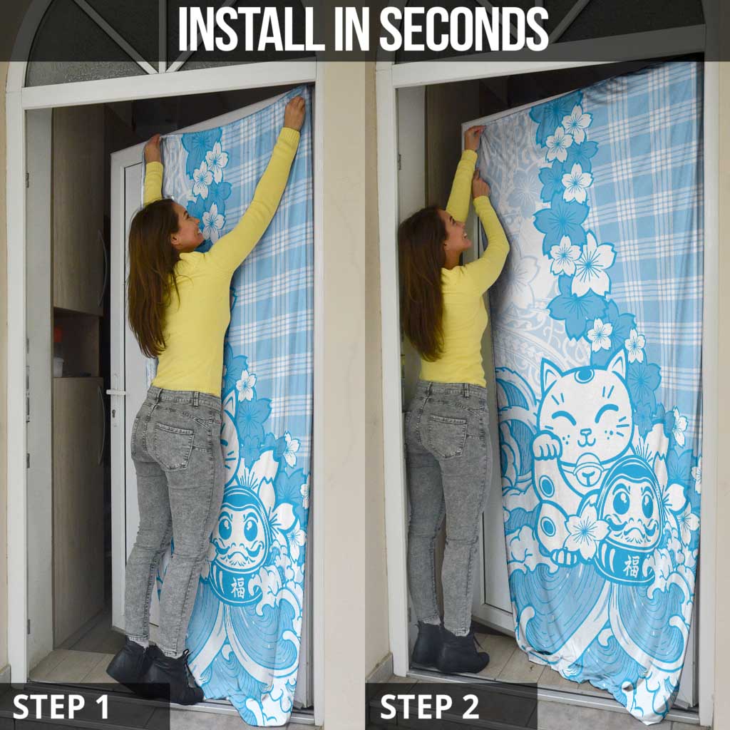 Blue Palaka Hawaiian And Japanese Door Cover Maneki Neko And Sakura Bloom