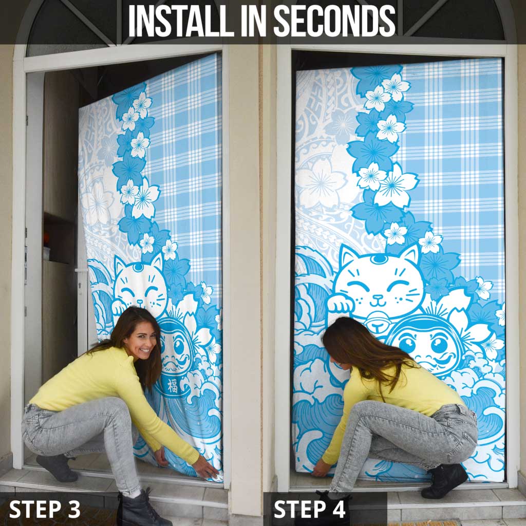 Blue Palaka Hawaiian And Japanese Door Cover Maneki Neko And Sakura Bloom