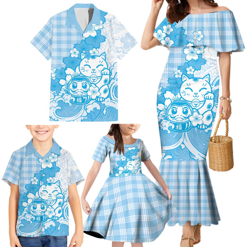 Blue Palaka Hawaiian And Japanese Family Matching Mermaid Dress and Hawaiian Shirt Maneki Neko And Sakura Bloom DT05 - Polynesian Pride
