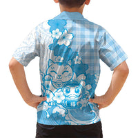 Blue Palaka Hawaiian And Japanese Family Matching Off Shoulder Maxi Dress and Hawaiian Shirt Maneki Neko And Sakura Bloom