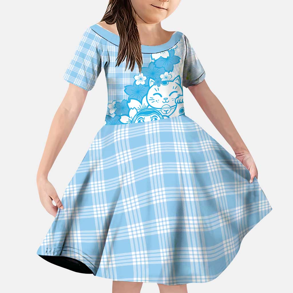 Blue Palaka Hawaiian And Japanese Family Matching Off Shoulder Maxi Dress and Hawaiian Shirt Maneki Neko And Sakura Bloom