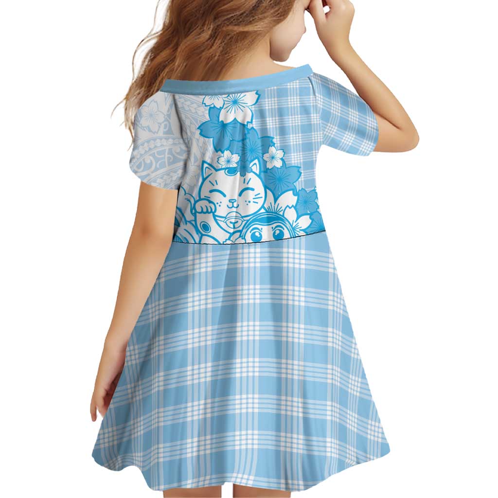 Blue Palaka Hawaiian And Japanese Family Matching Off Shoulder Maxi Dress and Hawaiian Shirt Maneki Neko And Sakura Bloom