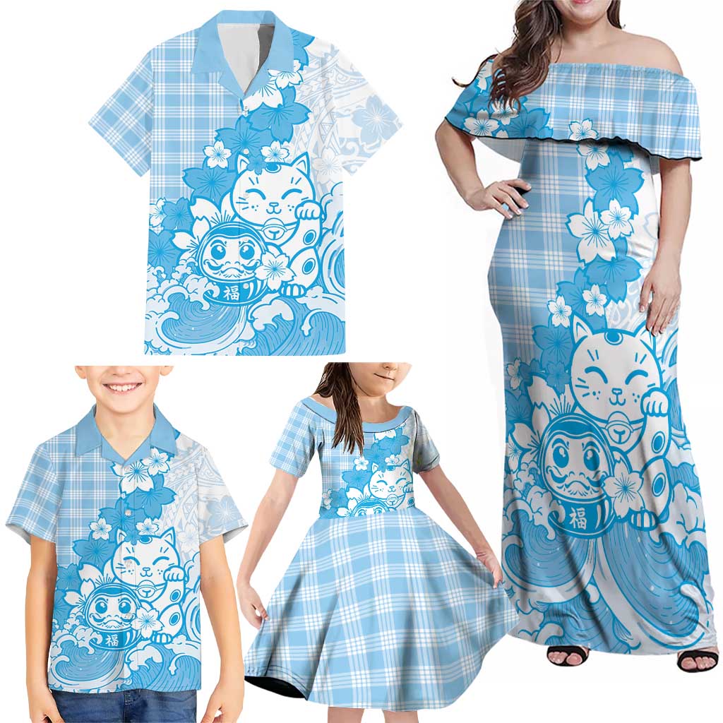 Blue Palaka Hawaiian And Japanese Family Matching Off Shoulder Maxi Dress and Hawaiian Shirt Maneki Neko And Sakura Bloom