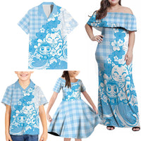 Blue Palaka Hawaiian And Japanese Family Matching Off Shoulder Maxi Dress and Hawaiian Shirt Maneki Neko And Sakura Bloom