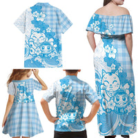 Blue Palaka Hawaiian And Japanese Family Matching Off Shoulder Maxi Dress and Hawaiian Shirt Maneki Neko And Sakura Bloom