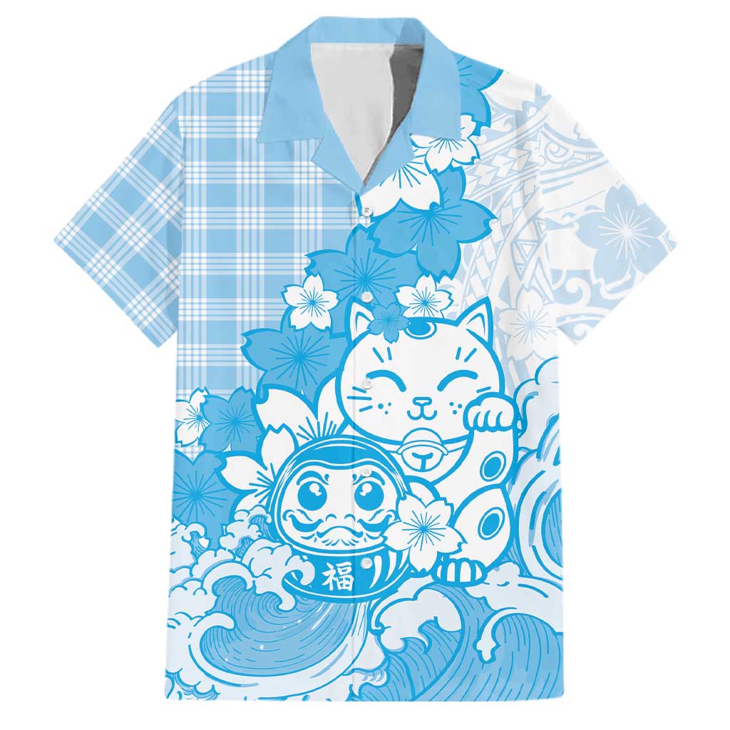 Blue Palaka Hawaiian And Japanese Family Matching Off Shoulder Maxi Dress and Hawaiian Shirt Maneki Neko And Sakura Bloom