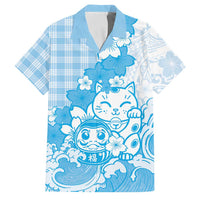 Blue Palaka Hawaiian And Japanese Family Matching Off Shoulder Maxi Dress and Hawaiian Shirt Maneki Neko And Sakura Bloom