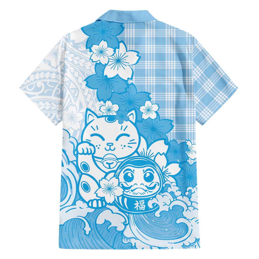 Blue Palaka Hawaiian And Japanese Family Matching Off Shoulder Maxi Dress and Hawaiian Shirt Maneki Neko And Sakura Bloom