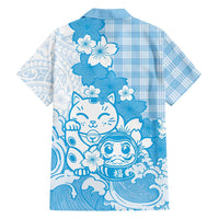 Blue Palaka Hawaiian And Japanese Family Matching Off Shoulder Maxi Dress and Hawaiian Shirt Maneki Neko And Sakura Bloom