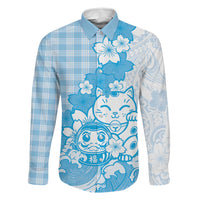 Blue Palaka Hawaiian And Japanese Family Matching Off Shoulder Maxi Dress and Hawaiian Shirt Maneki Neko And Sakura Bloom