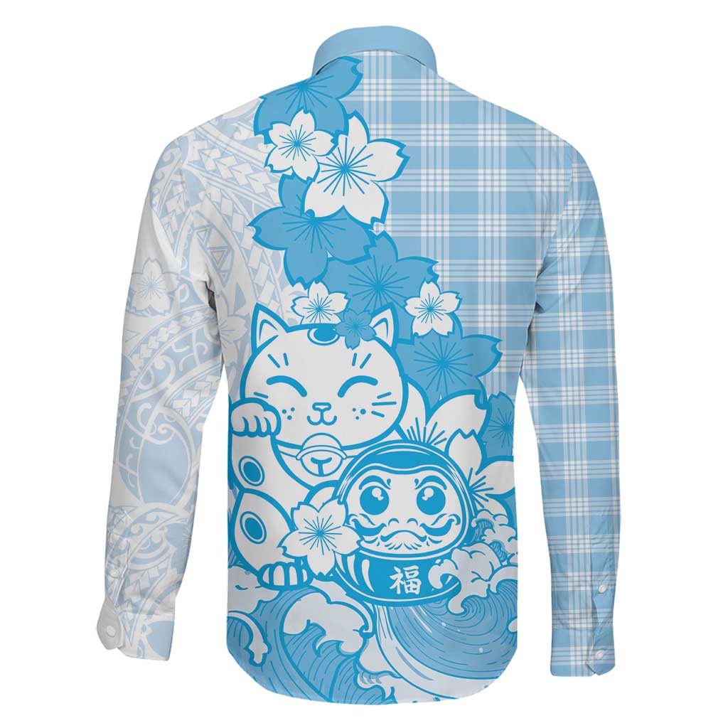 Blue Palaka Hawaiian And Japanese Family Matching Off Shoulder Maxi Dress and Hawaiian Shirt Maneki Neko And Sakura Bloom