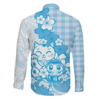 Blue Palaka Hawaiian And Japanese Family Matching Off Shoulder Maxi Dress and Hawaiian Shirt Maneki Neko And Sakura Bloom