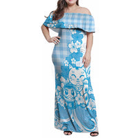 Blue Palaka Hawaiian And Japanese Family Matching Off Shoulder Maxi Dress and Hawaiian Shirt Maneki Neko And Sakura Bloom