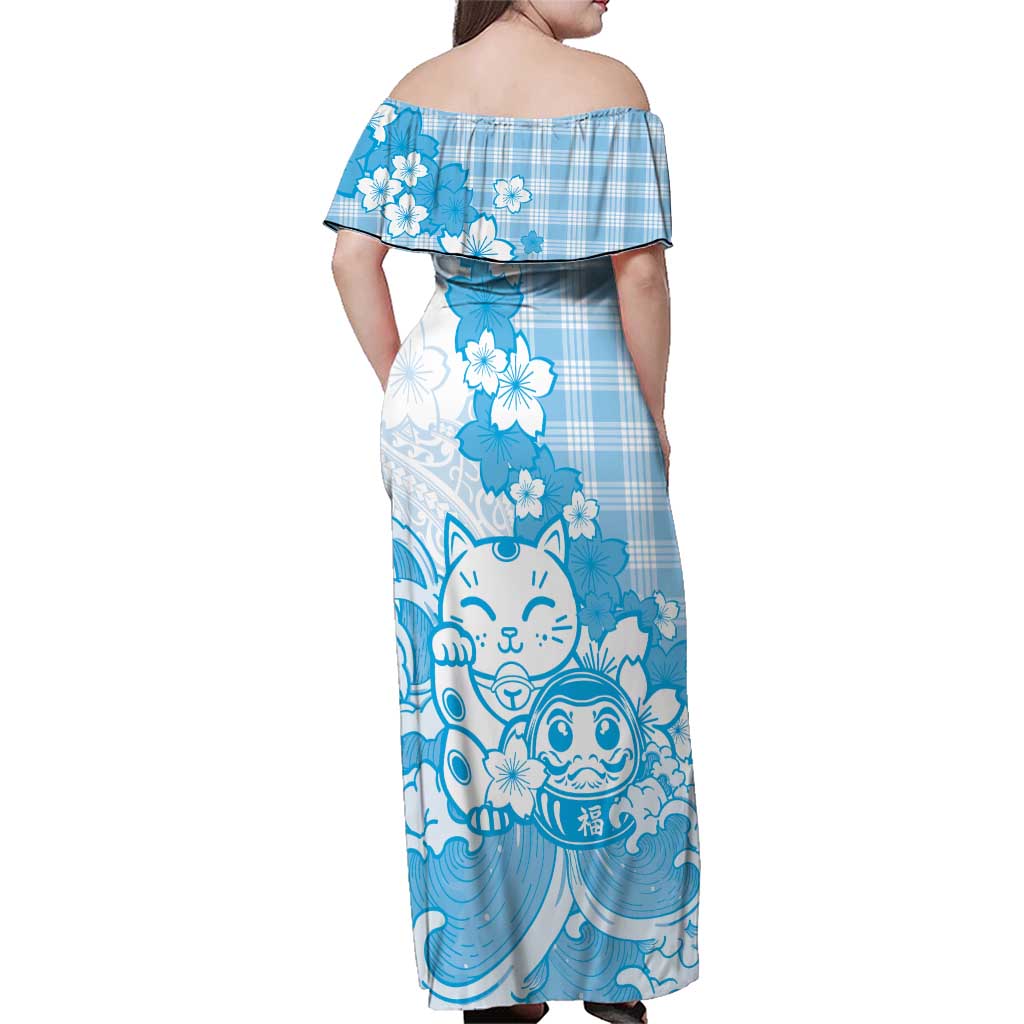 Blue Palaka Hawaiian And Japanese Family Matching Off Shoulder Maxi Dress and Hawaiian Shirt Maneki Neko And Sakura Bloom