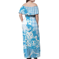 Blue Palaka Hawaiian And Japanese Family Matching Off Shoulder Maxi Dress and Hawaiian Shirt Maneki Neko And Sakura Bloom