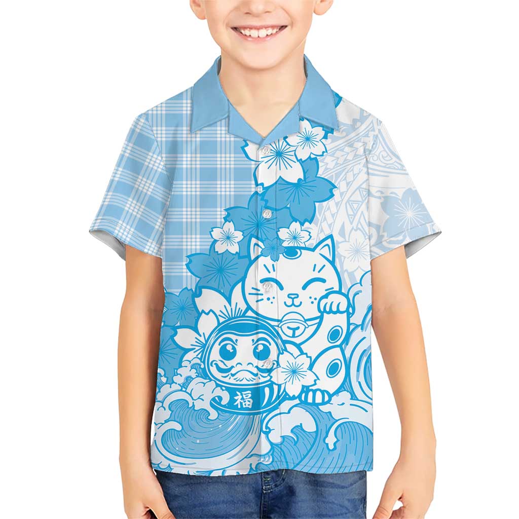 Blue Palaka Hawaiian And Japanese Family Matching Off Shoulder Maxi Dress and Hawaiian Shirt Maneki Neko And Sakura Bloom