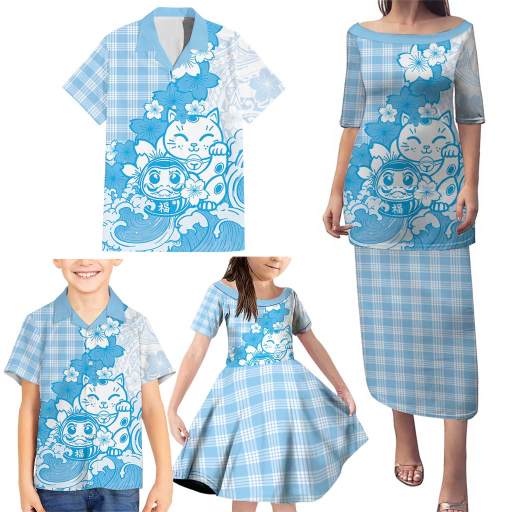Blue Palaka Hawaiian And Japanese Family Matching Puletasi and Hawaiian Shirt Maneki Neko And Sakura Bloom DT05 - Polynesian Pride