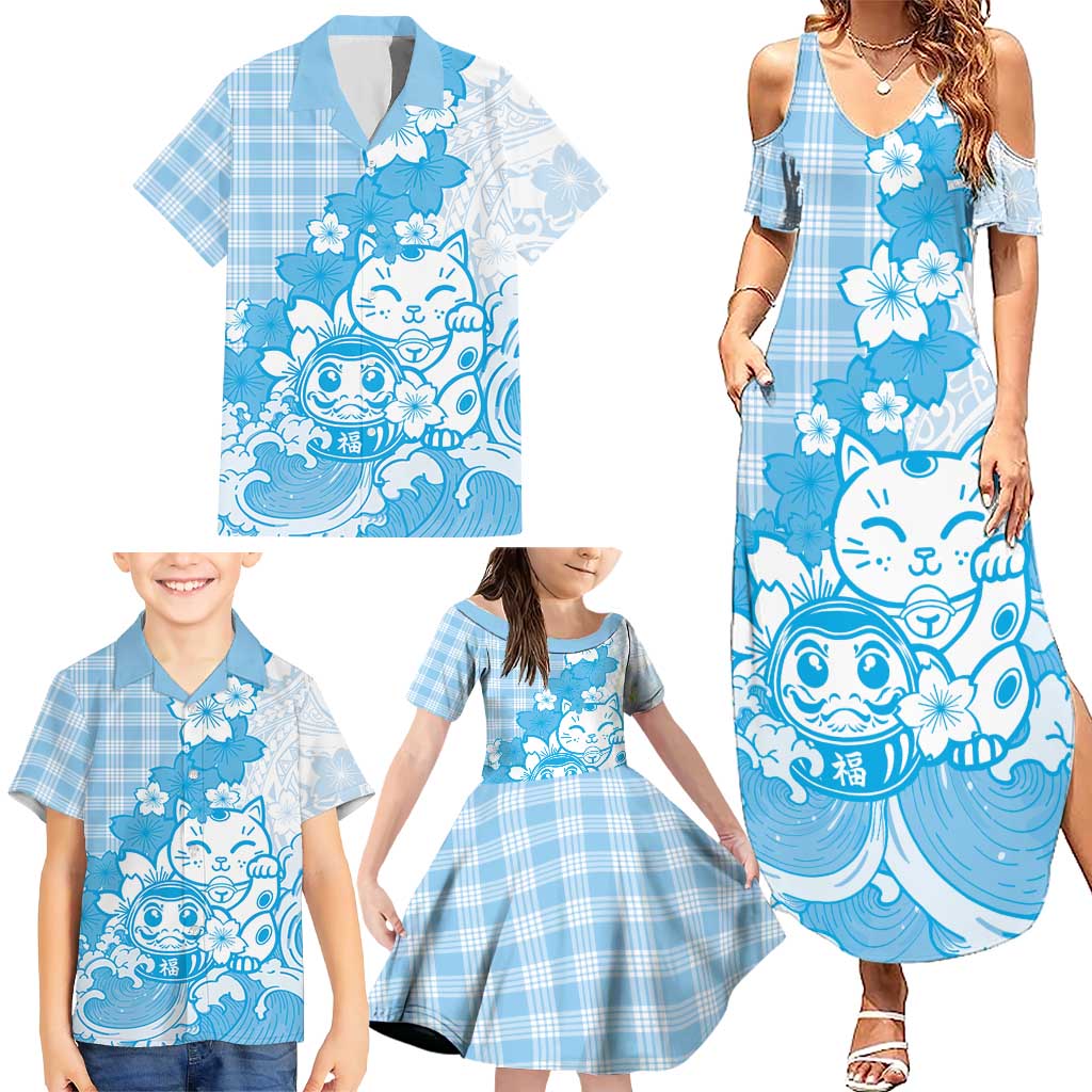 Blue Palaka Hawaiian And Japanese Family Matching Summer Maxi Dress and Hawaiian Shirt Maneki Neko And Sakura Bloom DT05 - Polynesian Pride