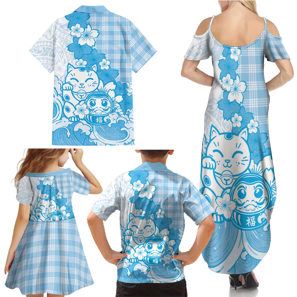 Blue Palaka Hawaiian And Japanese Family Matching Summer Maxi Dress and Hawaiian Shirt Maneki Neko And Sakura Bloom