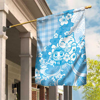 Blue Palaka Hawaiian And Japanese Garden Flag Maneki Neko And Sakura Bloom