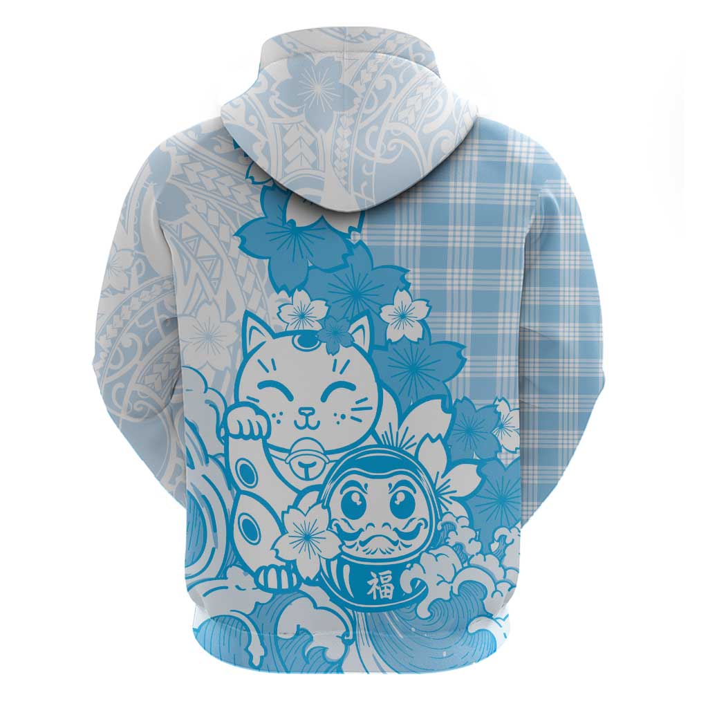 Blue Palaka Hawaiian And Japanese Hoodie Maneki Neko And Sakura Bloom DT05 - Polynesian Pride