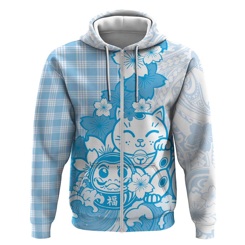 Blue Palaka Hawaiian And Japanese Hoodie Maneki Neko And Sakura Bloom DT05 Zip Hoodie Blue - Polynesian Pride