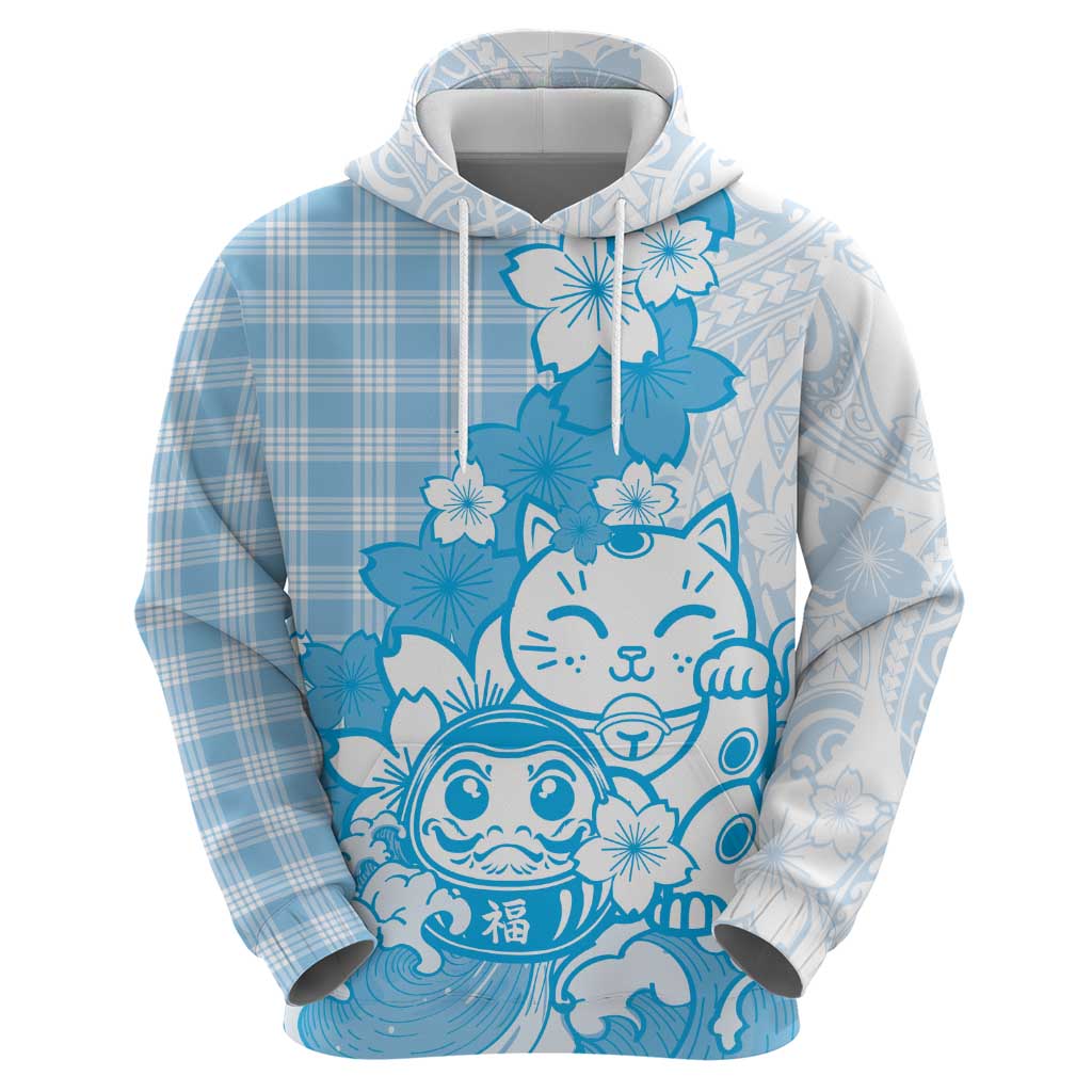 Blue Palaka Hawaiian And Japanese Hoodie Maneki Neko And Sakura Bloom DT05 - Polynesian Pride