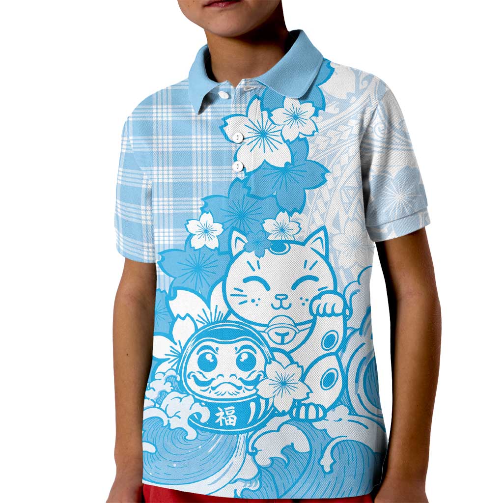 Blue Palaka Hawaiian And Japanese Kid Polo Shirt Maneki Neko And Sakura Bloom DT05 Kid Blue - Polynesian Pride