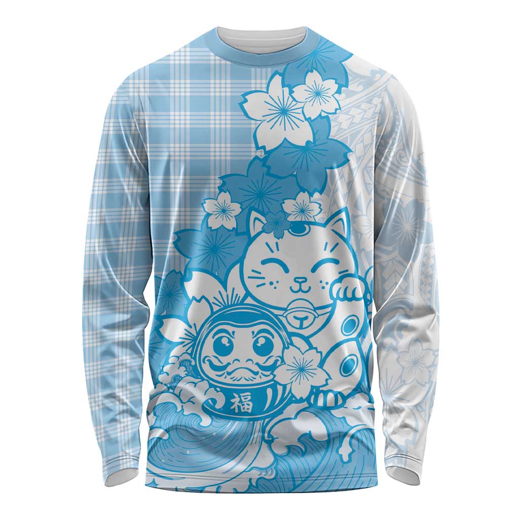 Blue Palaka Hawaiian And Japanese Long Sleeve Shirt Maneki Neko And Sakura Bloom