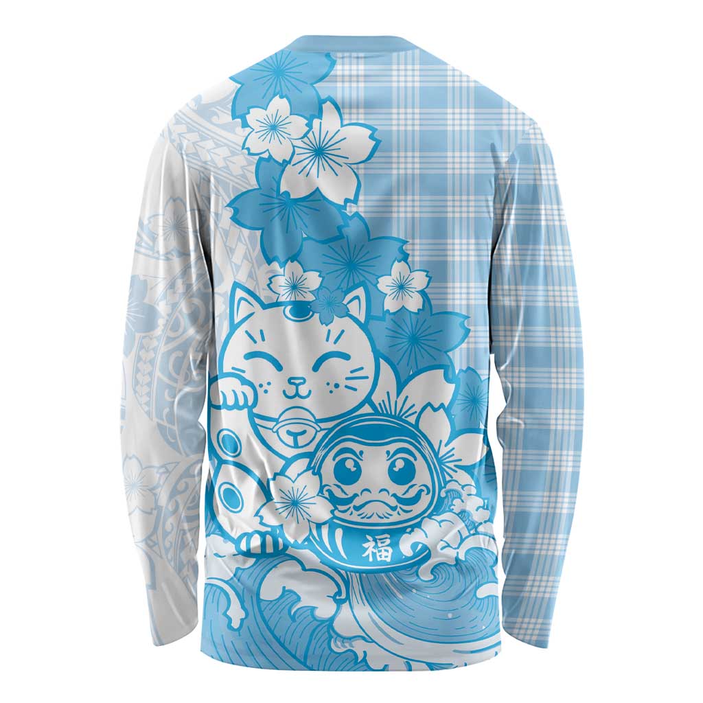 Blue Palaka Hawaiian And Japanese Long Sleeve Shirt Maneki Neko And Sakura Bloom