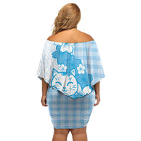 Blue Palaka Hawaiian And Japanese Off Shoulder Short Dress Maneki Neko And Sakura Bloom DT05 - Polynesian Pride