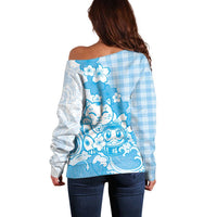 Blue Palaka Hawaiian And Japanese Off Shoulder Sweater Maneki Neko And Sakura Bloom