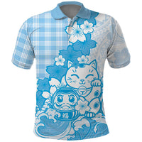 Blue Palaka Hawaiian And Japanese Polo Shirt Maneki Neko And Sakura Bloom