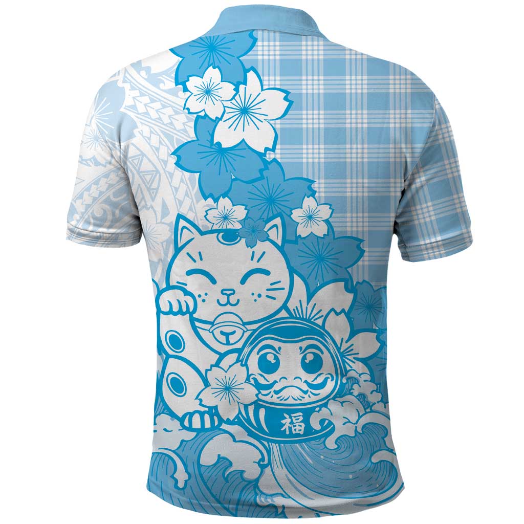 Blue Palaka Hawaiian And Japanese Polo Shirt Maneki Neko And Sakura Bloom
