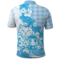 Blue Palaka Hawaiian And Japanese Polo Shirt Maneki Neko And Sakura Bloom