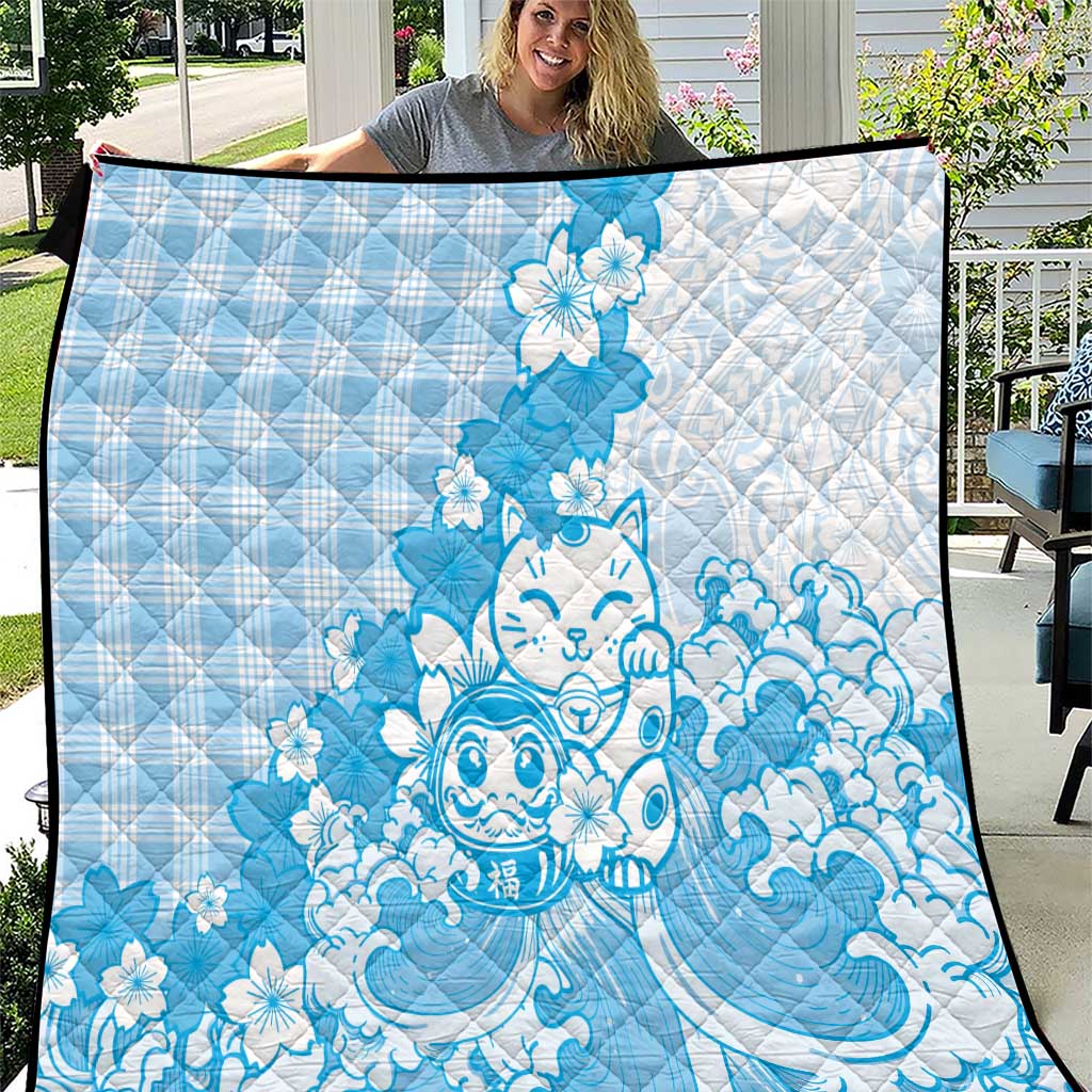 Blue Palaka Hawaiian And Japanese Quilt Maneki Neko And Sakura Bloom DT05 Blue - Polynesian Pride