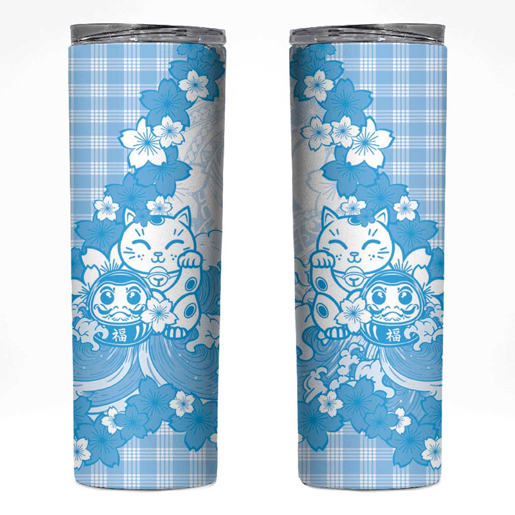 Blue Palaka Hawaiian And Japanese Skinny Tumbler Maneki Neko And Sakura Bloom