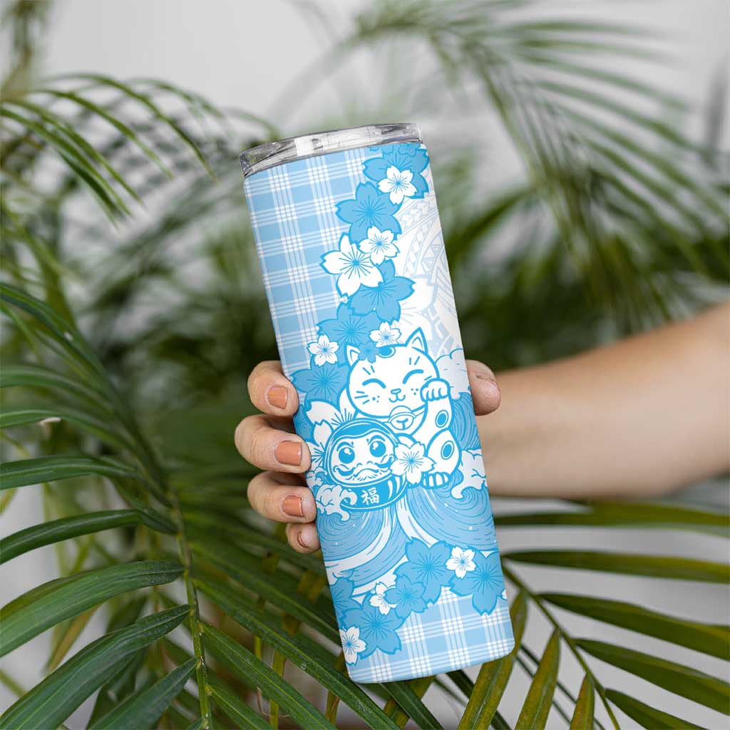 Blue Palaka Hawaiian And Japanese Skinny Tumbler Maneki Neko And Sakura Bloom