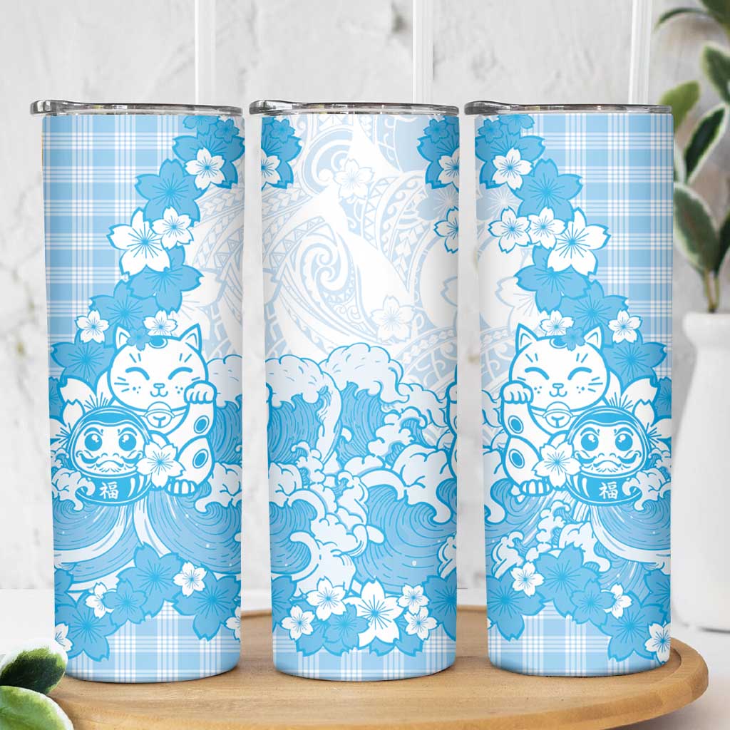 Blue Palaka Hawaiian And Japanese Skinny Tumbler Maneki Neko And Sakura Bloom