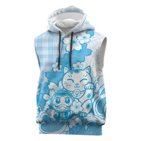 Blue Palaka Hawaiian And Japanese Sleeveless Hoodie Maneki Neko And Sakura Bloom DT05 Blue - Polynesian Pride