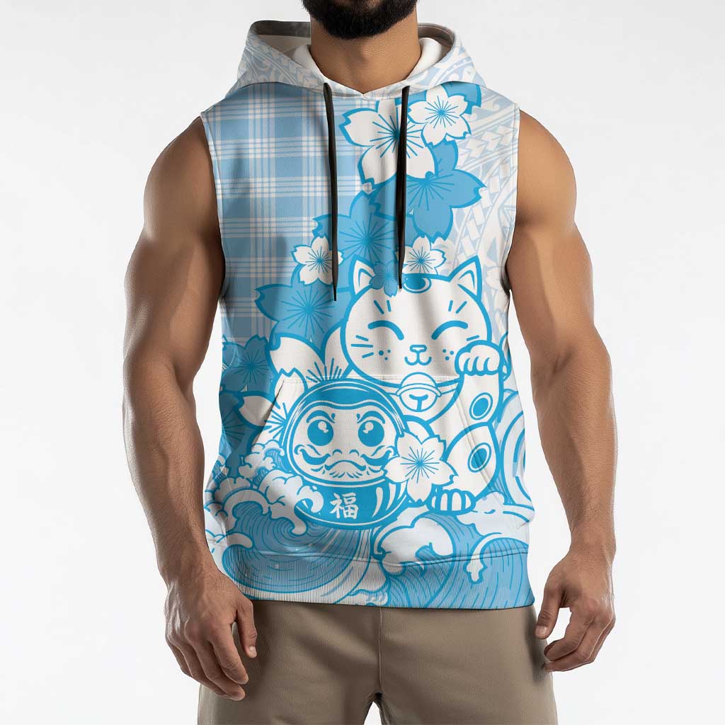 Blue Palaka Hawaiian And Japanese Sleeveless Hoodie Maneki Neko And Sakura Bloom DT05 - Polynesian Pride