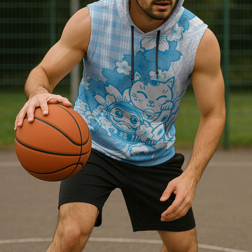 Blue Palaka Hawaiian And Japanese Sleeveless Hoodie Maneki Neko And Sakura Bloom DT05 - Polynesian Pride