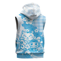 Blue Palaka Hawaiian And Japanese Sleeveless Zip Hoodie Maneki Neko And Sakura Bloom DT05 - Polynesian Pride